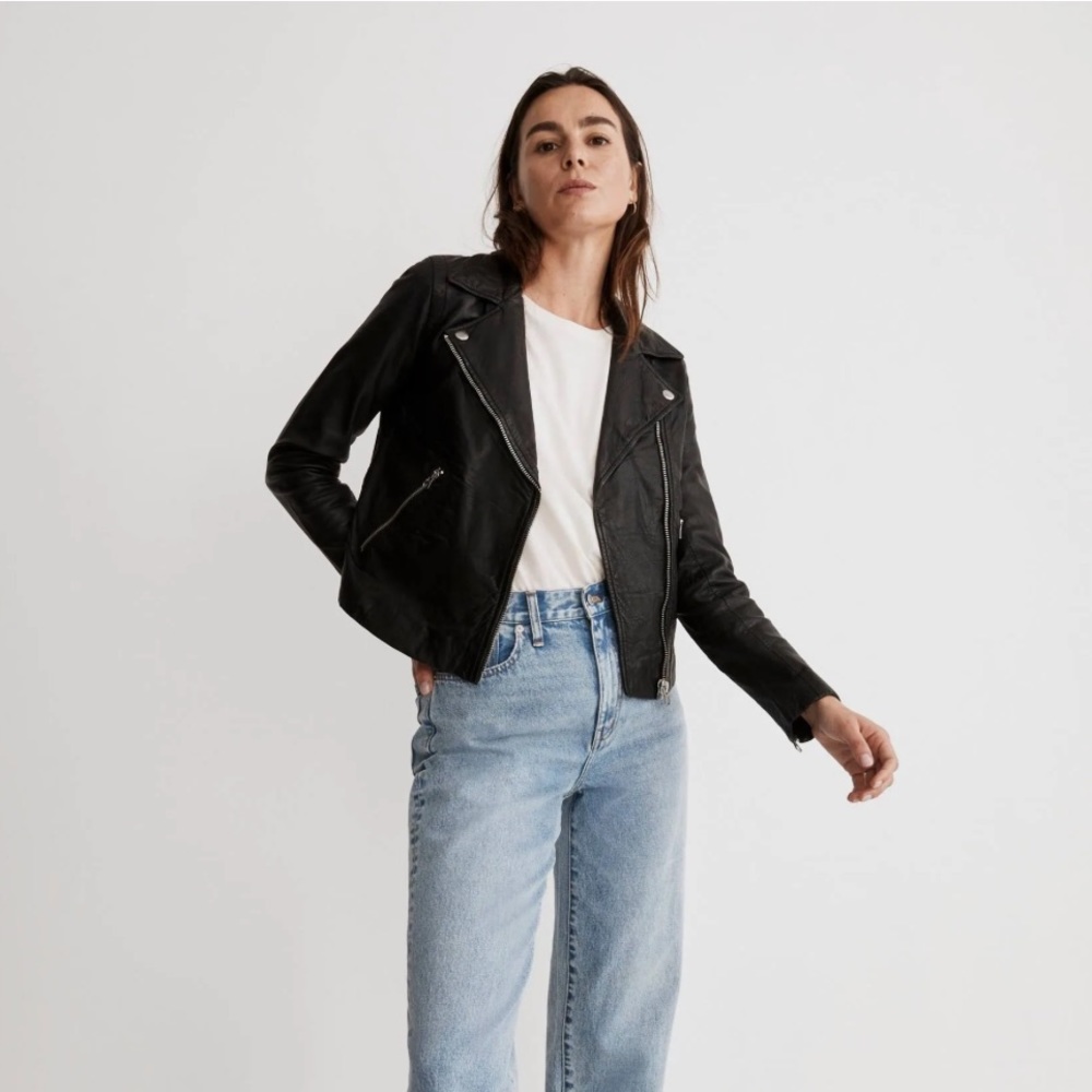Madewell black washed leather motorcycle jacket size small - Picture 6 of 6